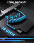 Coiled USB-C Cable, USB 3.2 Gen 2x2 20Gbps, 240W PD 3.1 Charging, 4K@60Hz Video, Right Angled Braided USB-C to USB-C Cable for BMPCC, Canon R5/R6, Sony FX3/A7C, ZCAM, Mac, iPhone, Dock, SSD, Blue