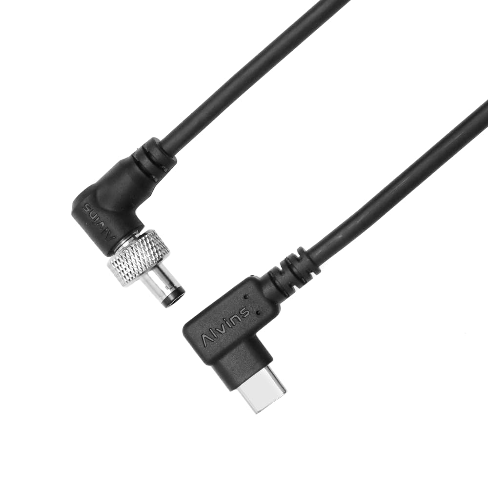 Alvin's Cables PD USB-C Type-C to Locking DC 12V Coiled Power Cable for Atomos Shogun, Blackmagic Video Assist, Hollyland Mars, Right Angle