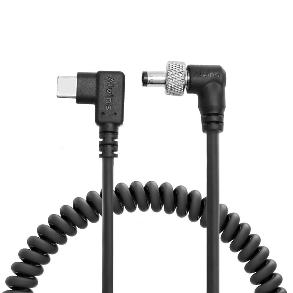 Alvin's Cables PD USB-C Type-C to Locking DC 12V Coiled Power Cable for Atomos Shogun, Blackmagic Video Assist, Hollyland Mars, Right Angle