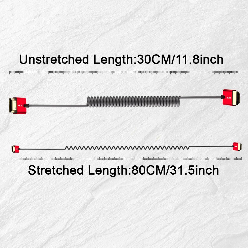 Alvin's Cables 8K HDMI Cable 2.1 48Gbps High Speed Φ2.4mm Ultra-Thin HDMI 8K@60Hz 4K@120Hz for Sony A7 A9, BMPCC, for Canon C70, for Atomos Ninja, for SmallHD, Up to Down Angle Coiled Cable