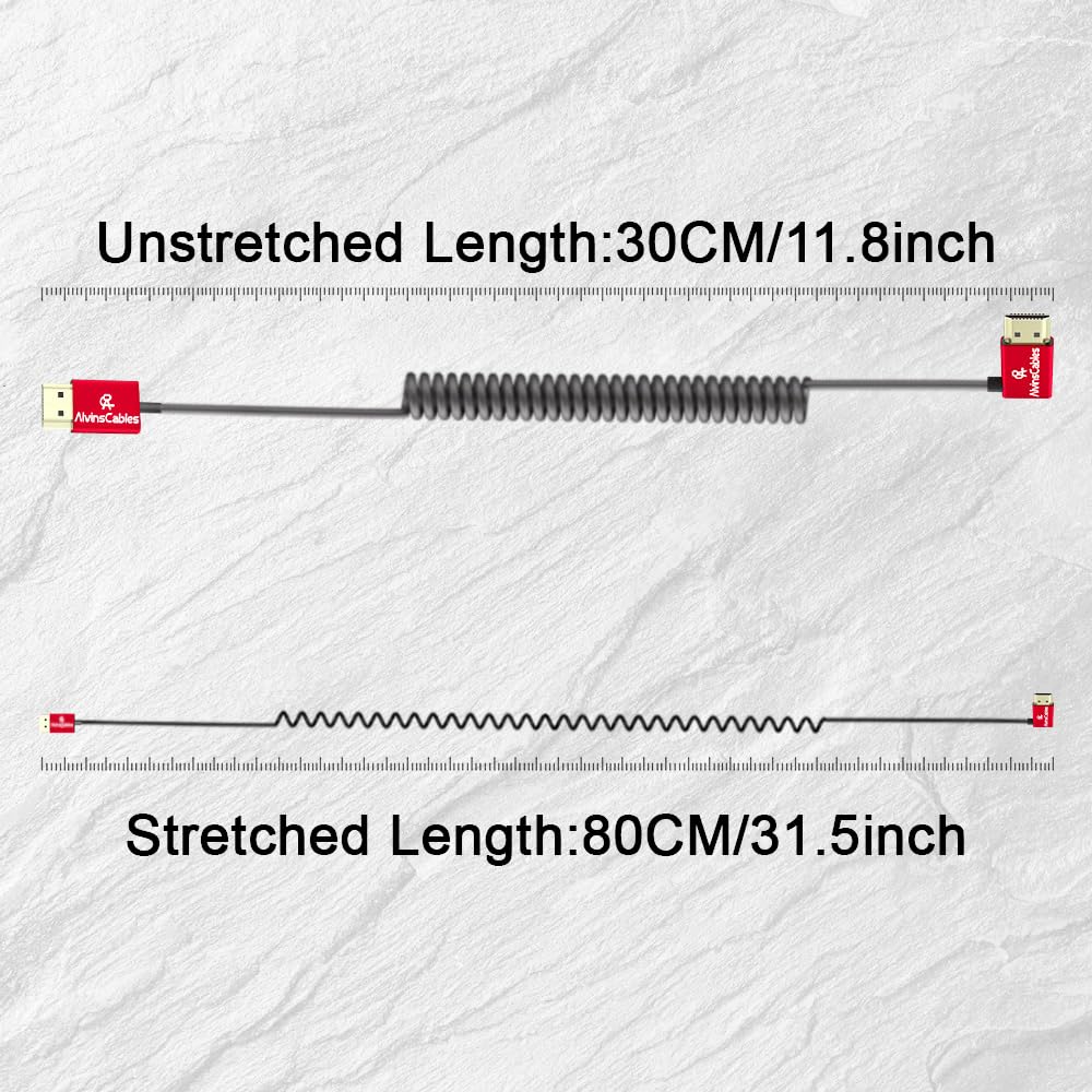 Alvin's Cables 8K HDMI Cable 2.1 48Gbps High Speed Φ2.4mm Ultra-Thin HDMI 8K@60Hz 4K@120Hz for Sony A7 A9, BMPCC, for Canon C70, for Atomos Ninja, for SmallHD, Straight to Left Angle Coiled