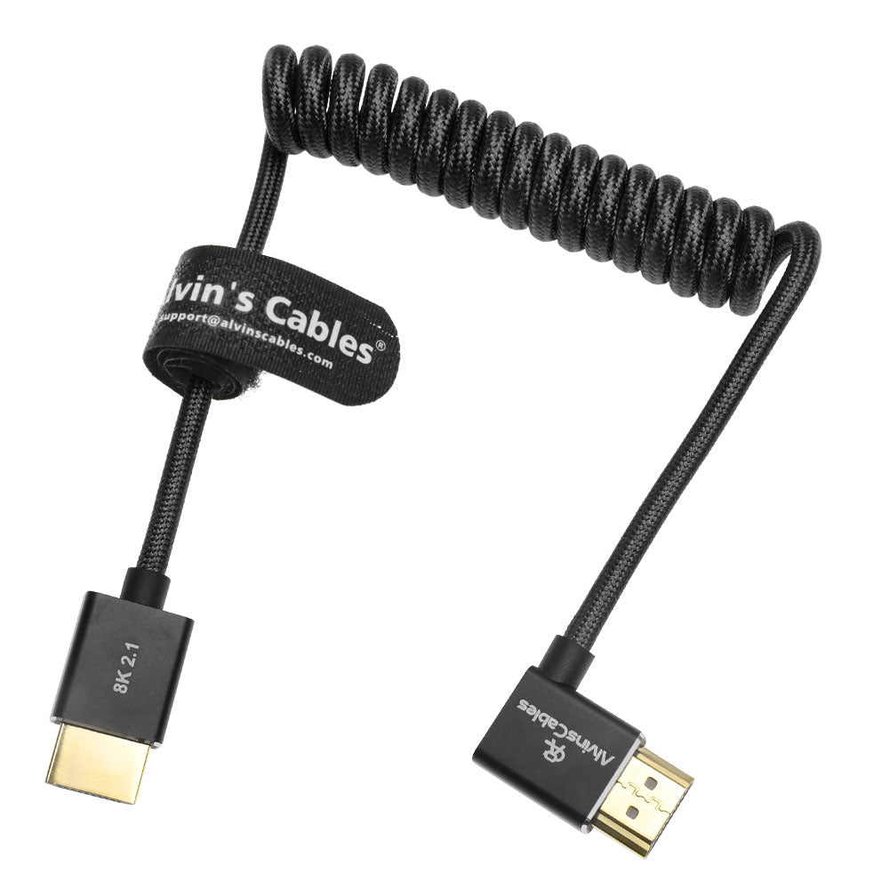 Alvin's Cables 8K HDMI 2.1 Cable for Atomos Ninja V Monitor,for Sony FS5 FS7,BMPCC,for Canon C300 C500 Camera,8K@60Hz 4K@120Hz 48Gbps High-Speed Braided Coiled Cable Left Angle Black