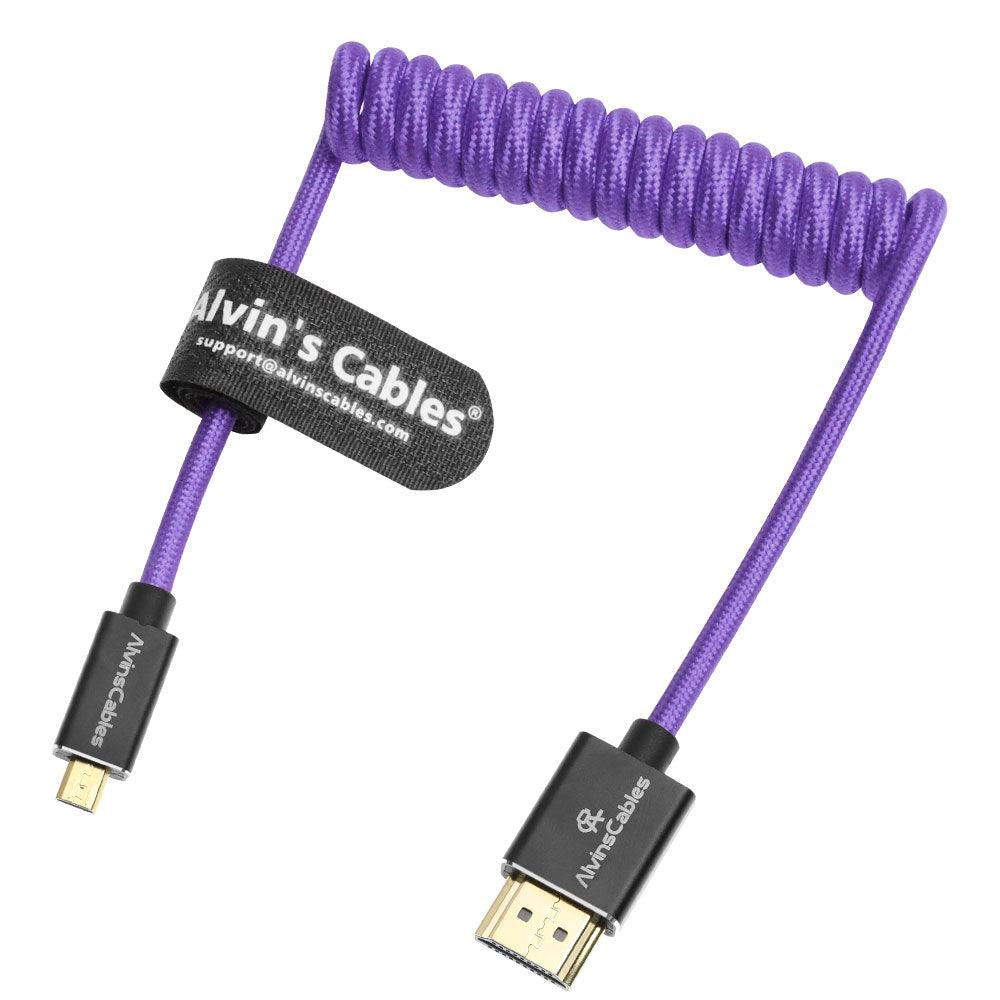 Alvin's Cables 8K 2.1 Micro HDMI to HDMI Coiled Cable for Atomos Ninja V, 8K@60Hz 4K@60Hz High-Speed HDMI Cable for Sony A7RIII A7II A7M3, for Canon R5 M6, for FUJIFILM X-T4 X-T3, Braided Purple