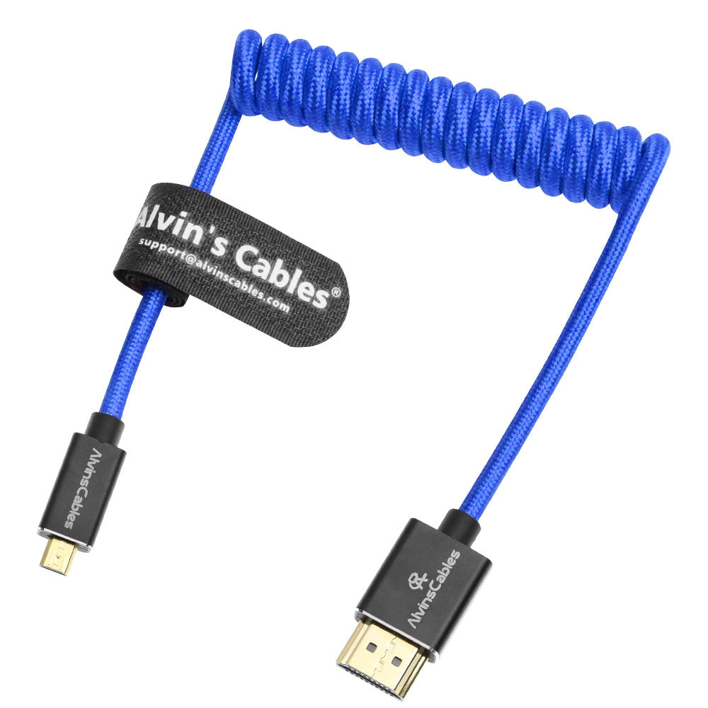 Alvin's Cables 8K 2.1 Micro HDMI to HDMI Coiled Cable for Atomos Ninja V, 8K@60Hz 4K@60Hz High-Speed HDMI Cable for Sony A7RIII A7II A7M3, for Canon R5 M6, for FUJIFILM X-T4 X-T3, Braided Blue