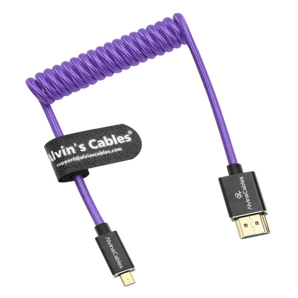 Alvin's Cables 8K 2.1 Micro HDMI to HDMI Coiled Cable for Atomos Ninja V, 8K@60Hz 4K@60Hz High-Speed HDMI Cable for Sony A7RIII A7II A7M3, for Canon R5 M6, for FUJIFILM X-T4 X-T3, Braided Purple