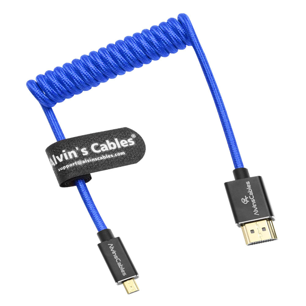 Alvin's Cables 8K 2.1 Micro HDMI to HDMI Coiled Cable for Atomos Ninja V, 8K@60Hz 4K@60Hz High-Speed HDMI Cable for Sony A7RIII A7II A7M3, for Canon R5 M6, for FUJIFILM X-T4 X-T3, Braided Blue