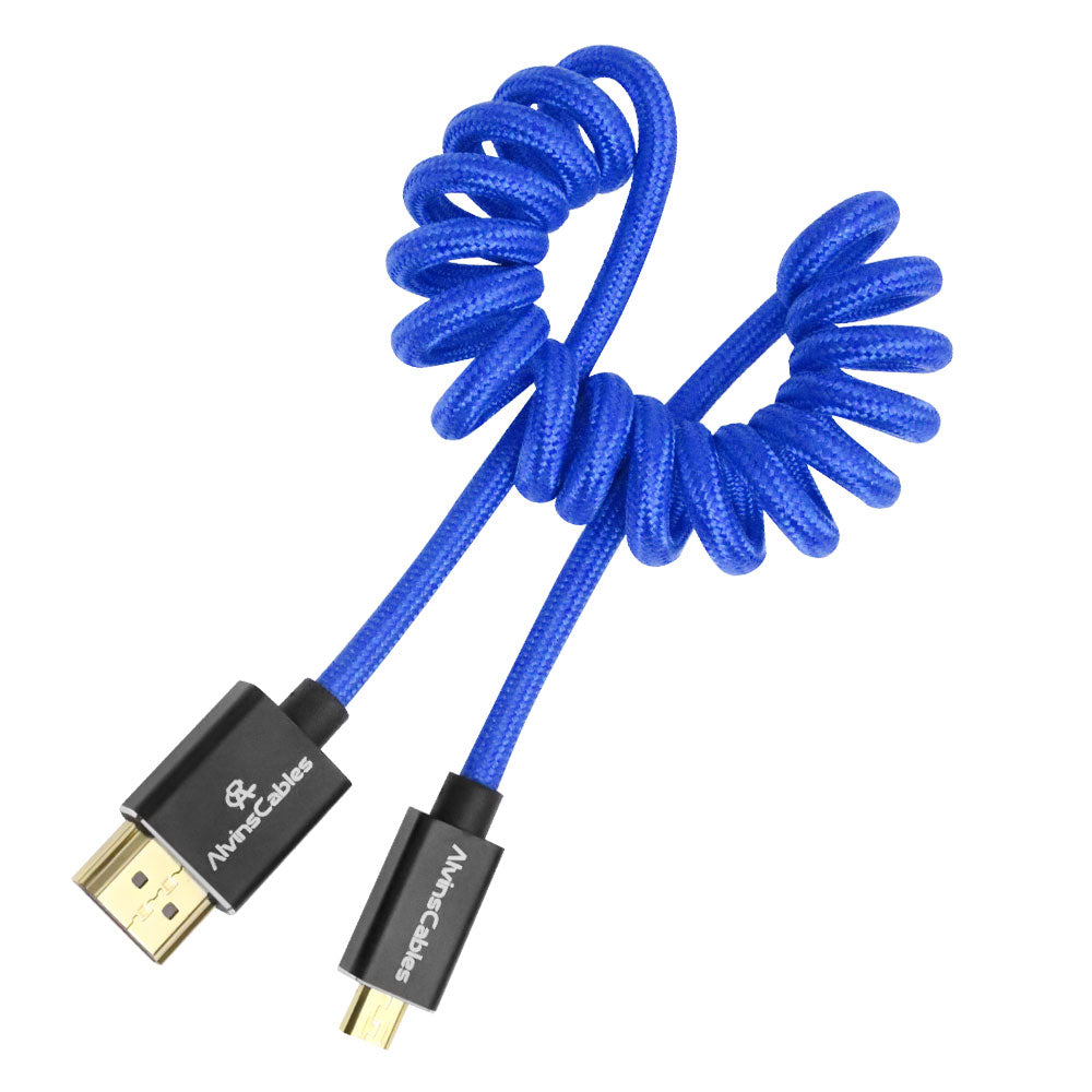 Alvin's Cables 8K 2.1 Micro HDMI to HDMI Coiled Cable for Atomos Ninja V, 8K@60Hz 4K@60Hz High-Speed HDMI Cable for Sony A7RIII A7II A7M3, for Canon R5 M6, for FUJIFILM X-T4 X-T3, Braided Blue