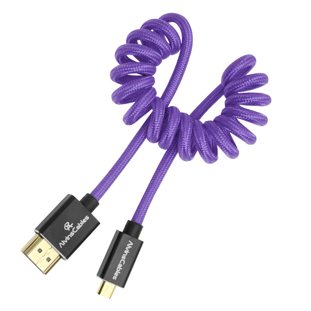 Alvin's Cables 8K 2.1 Micro HDMI to HDMI Coiled Cable for Atomos Ninja V, 8K@60Hz 4K@60Hz High-Speed HDMI Cable for Sony A7RIII A7II A7M3, for Canon R5 M6, for FUJIFILM X-T4 X-T3, Braided Purple