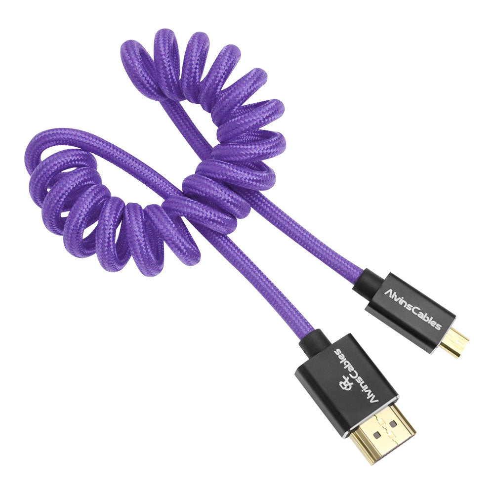 Alvin's Cables 8K 2.1 Micro HDMI to HDMI Coiled Cable for Atomos Ninja V, 8K@60Hz 4K@60Hz High-Speed HDMI Cable for Sony A7RIII A7II A7M3, for Canon R5 M6, for FUJIFILM X-T4 X-T3, Braided Purple