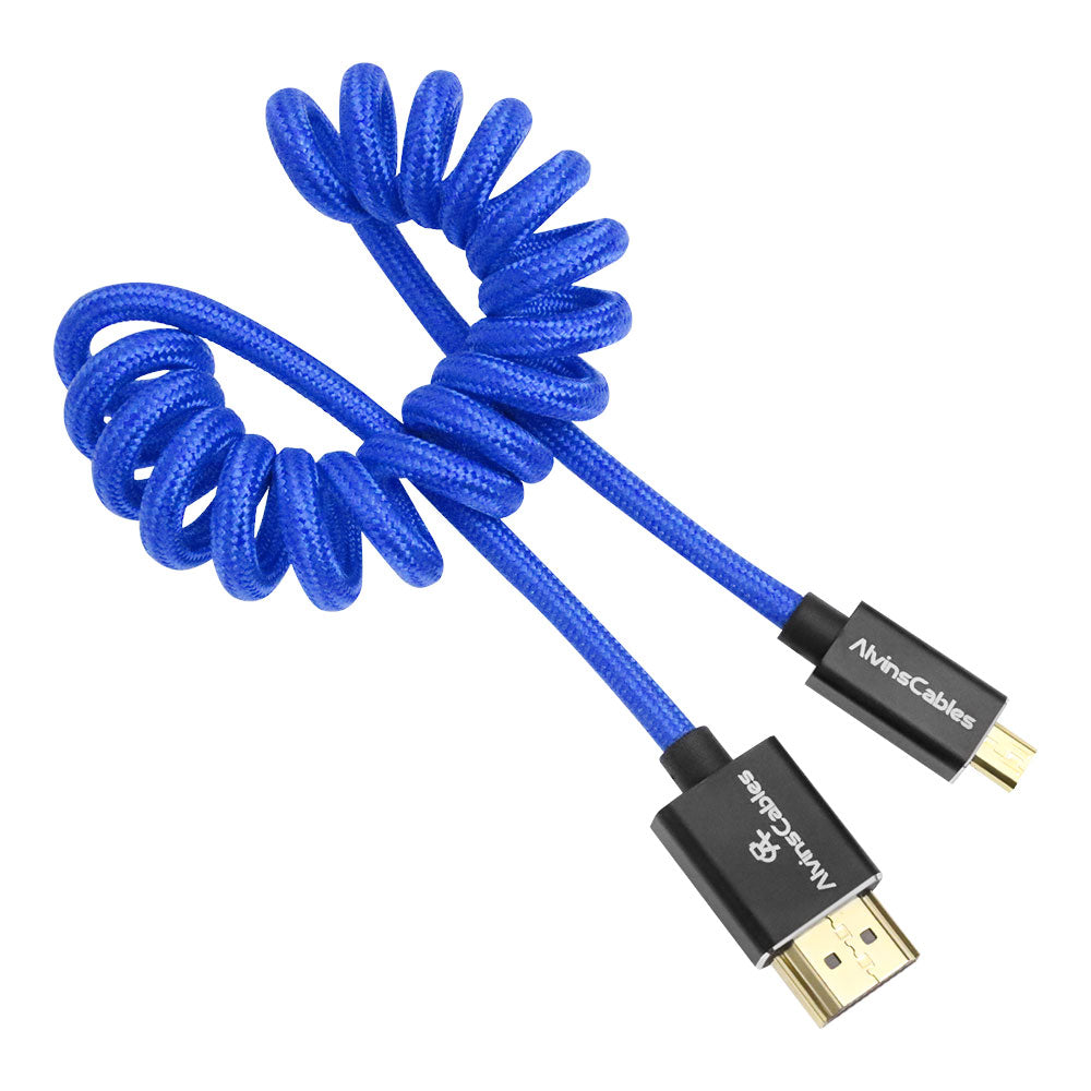 Alvin's Cables 8K 2.1 Micro HDMI to HDMI Coiled Cable for Atomos Ninja V, 8K@60Hz 4K@60Hz High-Speed HDMI Cable for Sony A7RIII A7II A7M3, for Canon R5 M6, for FUJIFILM X-T4 X-T3, Braided Blue
