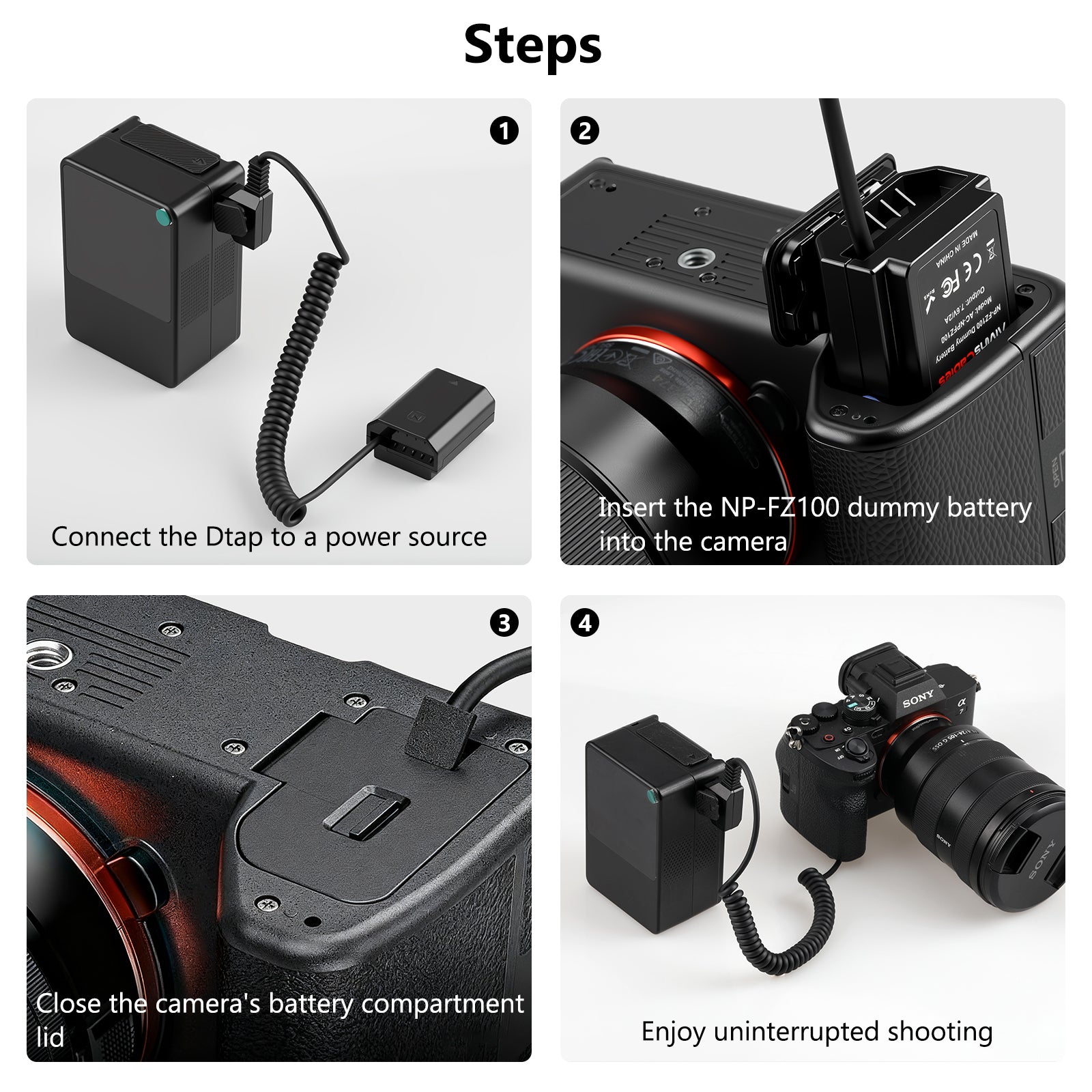 Alvin's Cables NP FZ100 Dummy Battery to D tap Coiled Power Cable