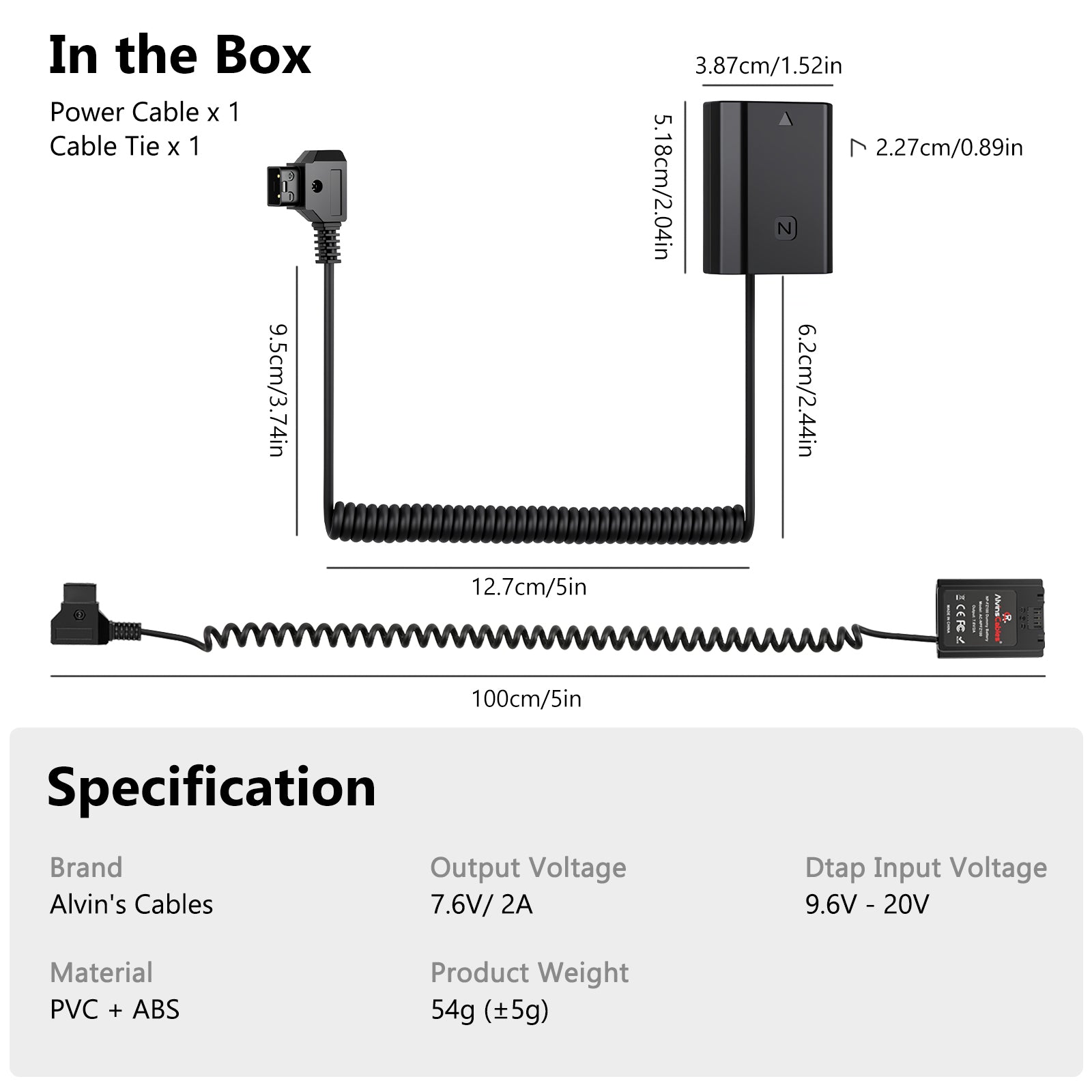 Alvin's Cables NP FZ100 Dummy Battery to D tap Coiled Power Cable