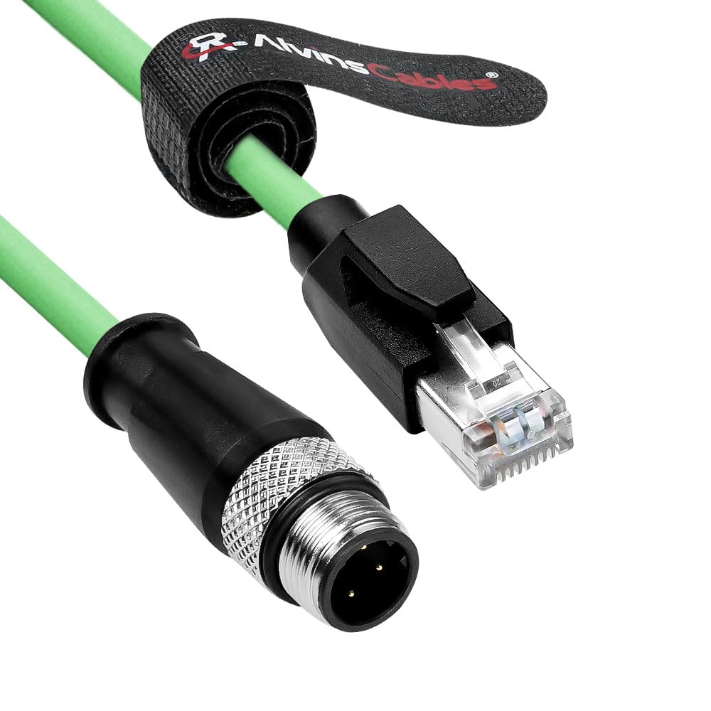 Alvin's Cables M12 D-Code 4 Pin Male to RJ45 Ethernet Cable High-Flex for Industrial Camera Sensor, Automation Application 3.3ft/1m Green