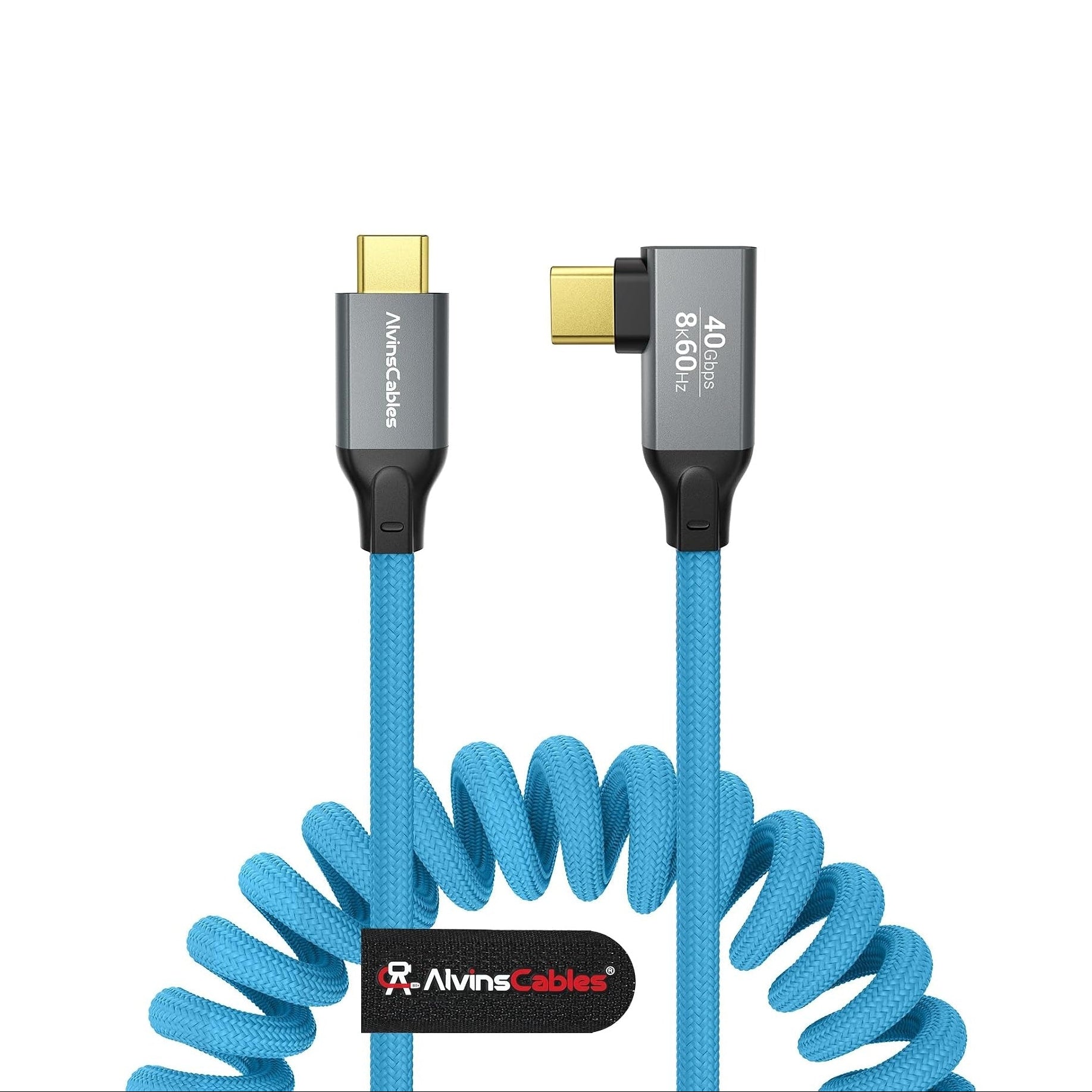 Coiled USB-C to USB-C Cable, Braided Right-Angled USB-C Cable, 40Gbps, 240W PD3.1 Charging, 8K@60Hz Video, USB 4.0 Type C for Thunderbolt 4/3, BMPCC, Canon R5/R6, Sony FX3/A7C, iPhone, Dock/SSD, Blue