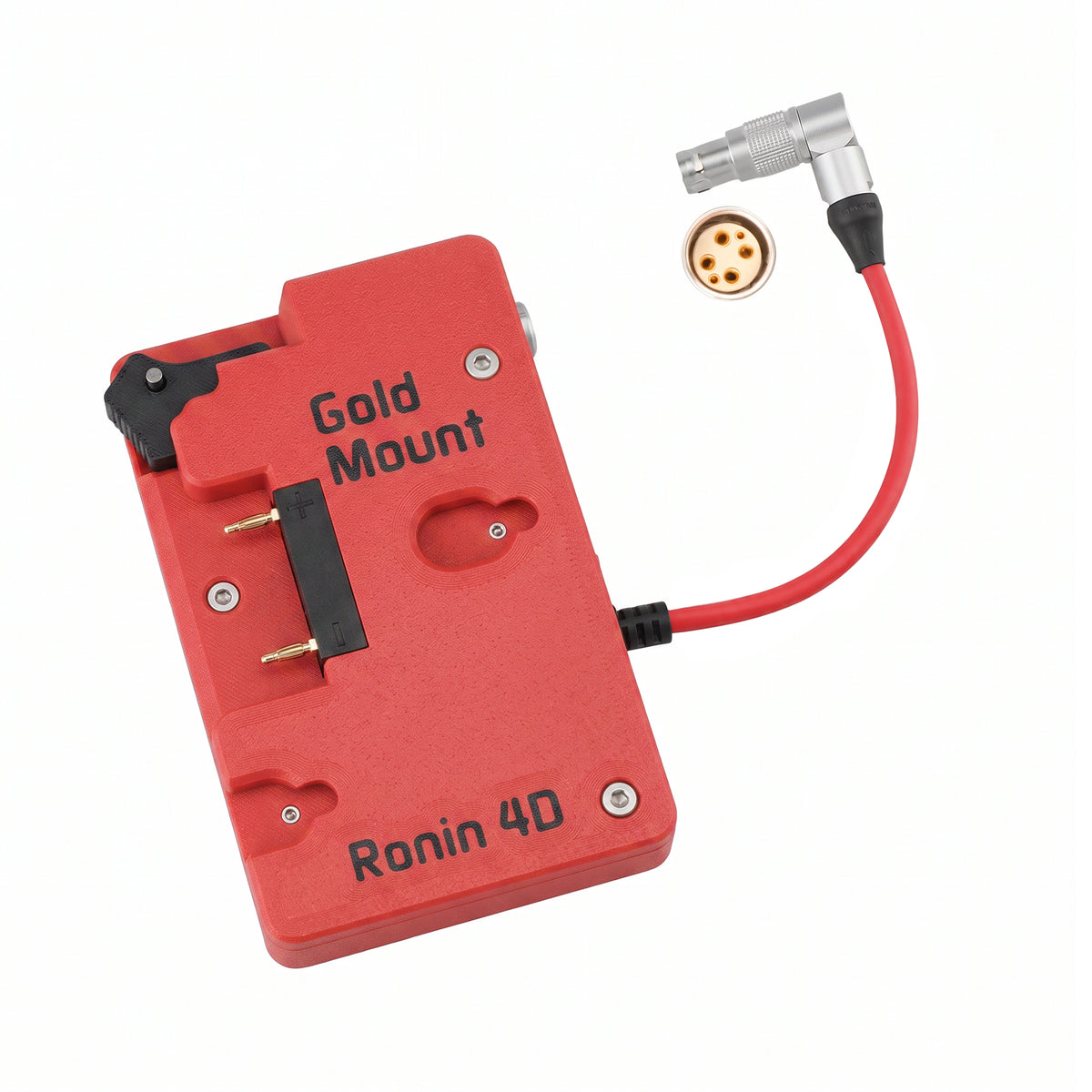 Alvin's Cables Gold Mount Battery Plate for DJI Ronin 4D, G-Mount Power Plate with D-Tap &amp; 0B 2-Pin Outputs, Straight / Rotatable Right Angle 1B 6-Pin Power Cable, Red / Black