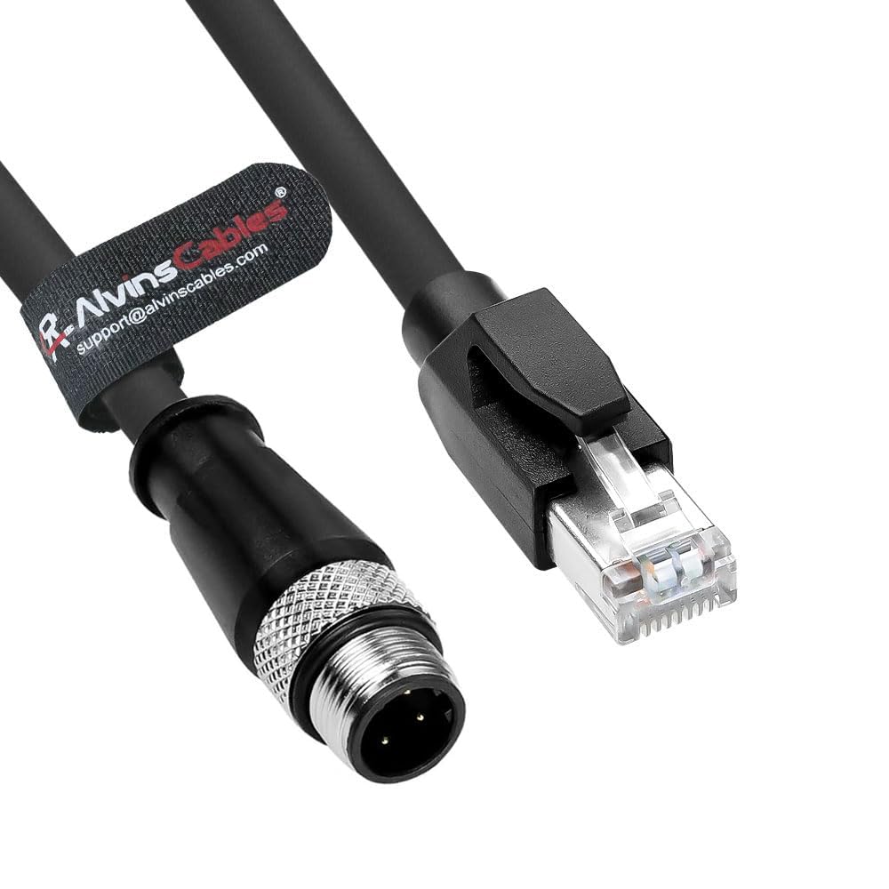 Alvin's Cables M12 D-Code 4 Pin Male to RJ45 Ethernet Cable High-Flex for Industrial Camera Sensor, Automation Application 3.3ft/1m