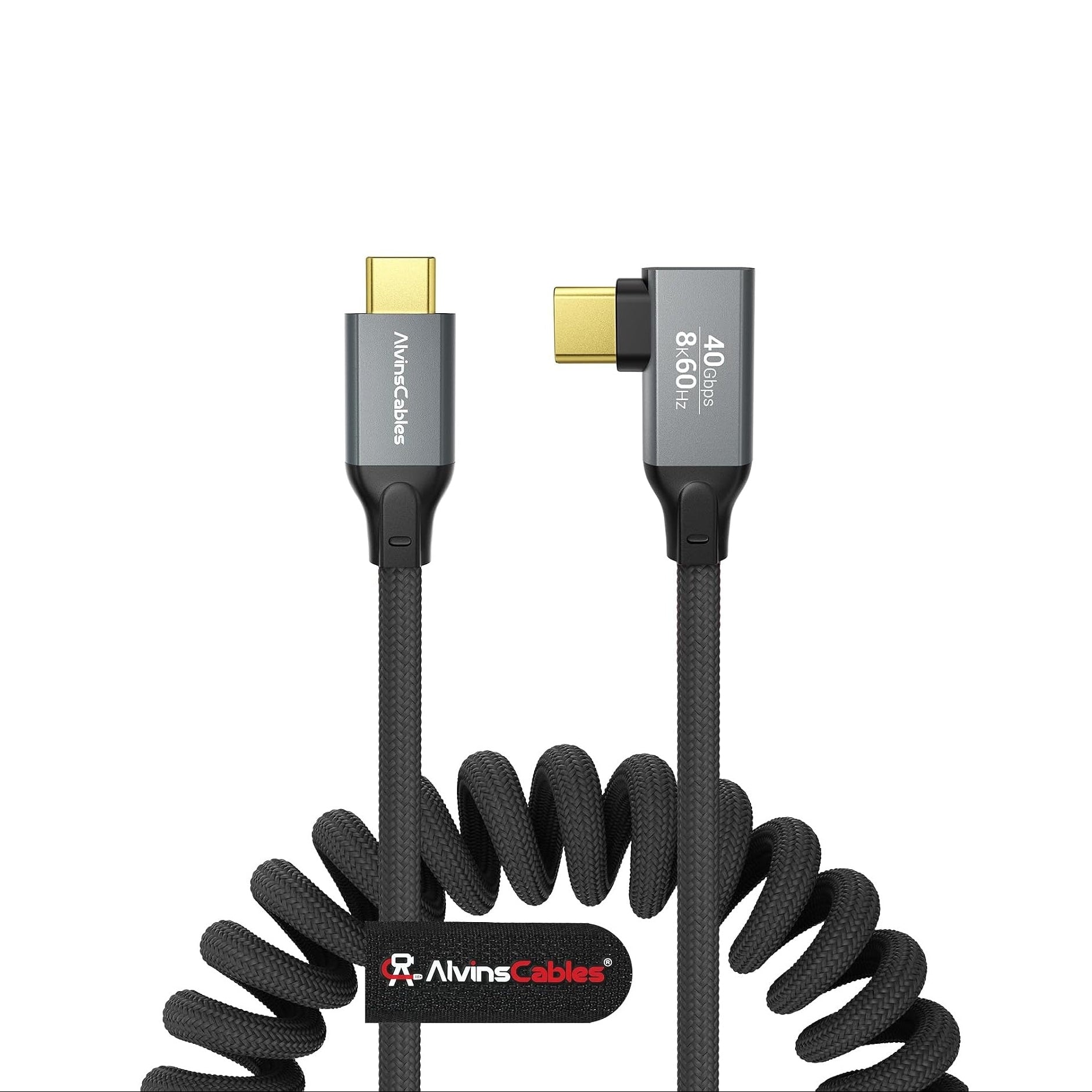 Coiled USB-C to USB-C Cable, Braided Right Angled USB-C Cable, 40Gbps, 240W PD 3.1 Charging, 8K@60Hz Video, USB4.0 Type C for Thunderbolt 4/3, BMPCC, Canon R5/R6, Sony FX3/A7C, iPhone, SSD/Dock, Black