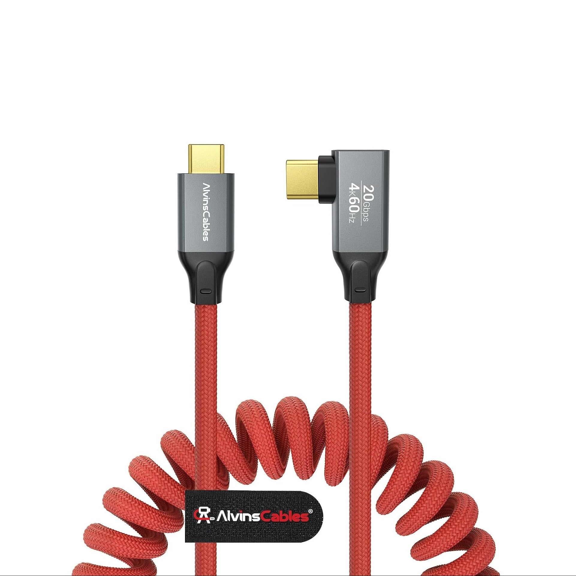 Coiled USB-C Cable, USB 3.2 Gen 2x2 20Gbps, 240W PD 3.1 Charging, 4K@60Hz Video, Right Angled Braided USB-C to USB-C Cable for BMPCC, Canon R5/R6, Sony FX3/A7C, ZCAM, Macbook, iPhone, Dock, SSD, Red