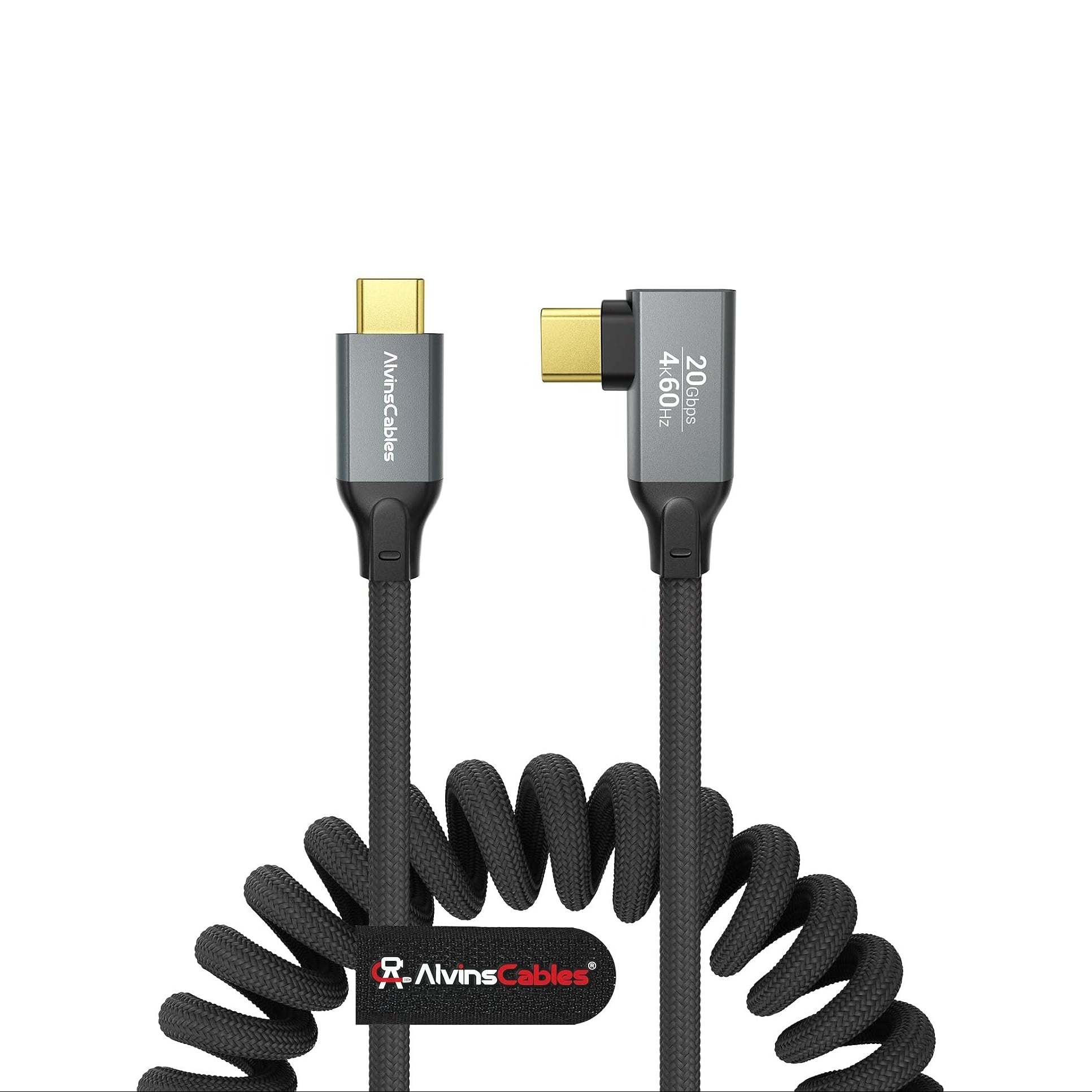 Coiled USB-C Cable, USB 3.2 Gen 2x2 20Gbps, 240W PD 3.1 Charging, 4K@60Hz Video, Right Angled Braided USB-C to USB-C Cable for BMPCC, Canon R5/R6, Sony FX3/A7C, ZCAM, Macbook/iPhone, Dock, SSD, Black