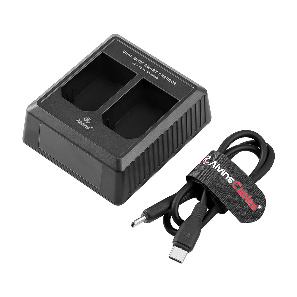 Alvin's Cables Dual Slot Charger for Sony NP-SA100 Battery with USB-C Cable