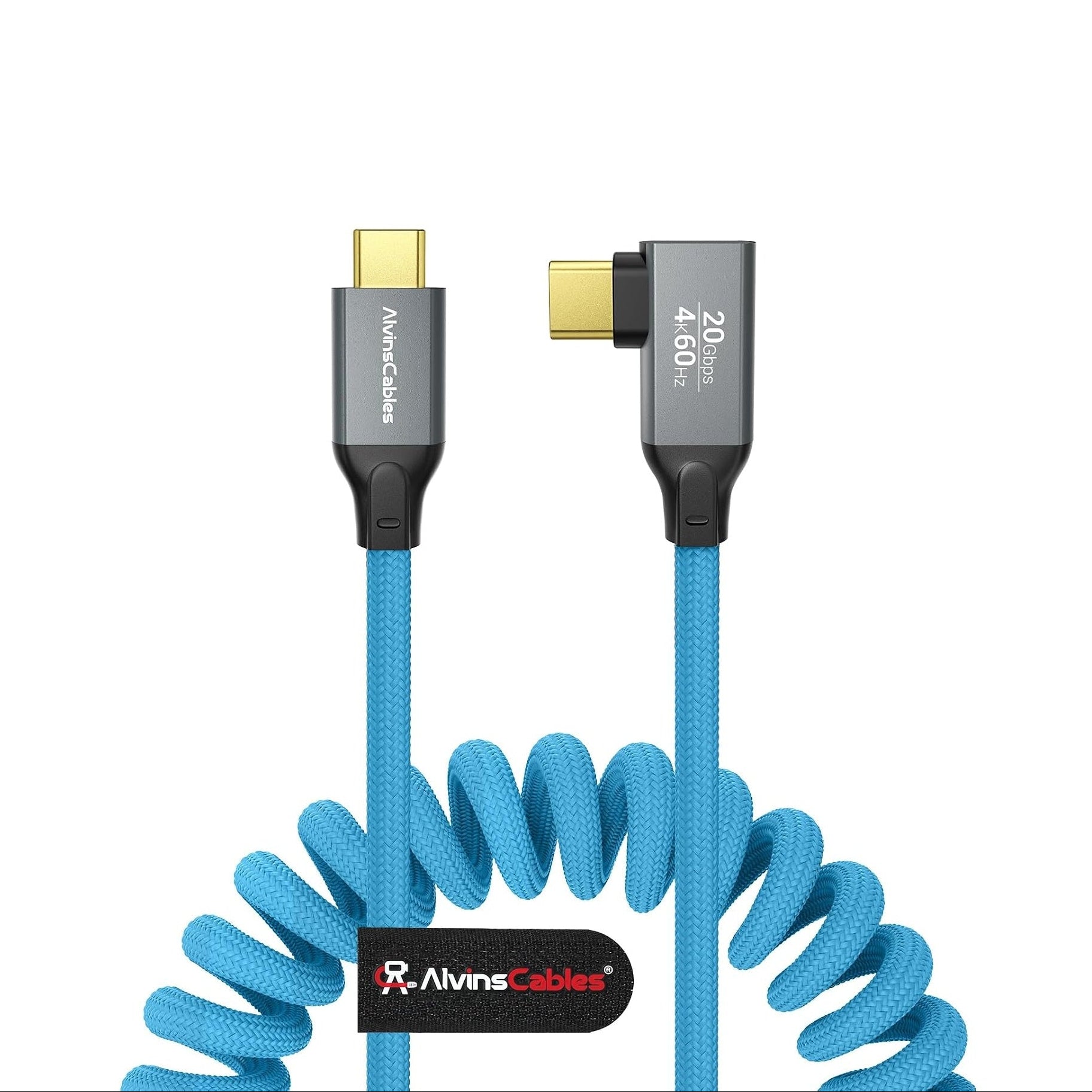 Coiled USB-C Cable, USB 3.2 Gen 2x2 20Gbps, 240W PD 3.1 Charging, 4K@60Hz Video, Right Angled Braided USB-C to USB-C Cable for BMPCC, Canon R5/R6, Sony FX3/A7C, ZCAM, Mac, iPhone, Dock, SSD, Blue