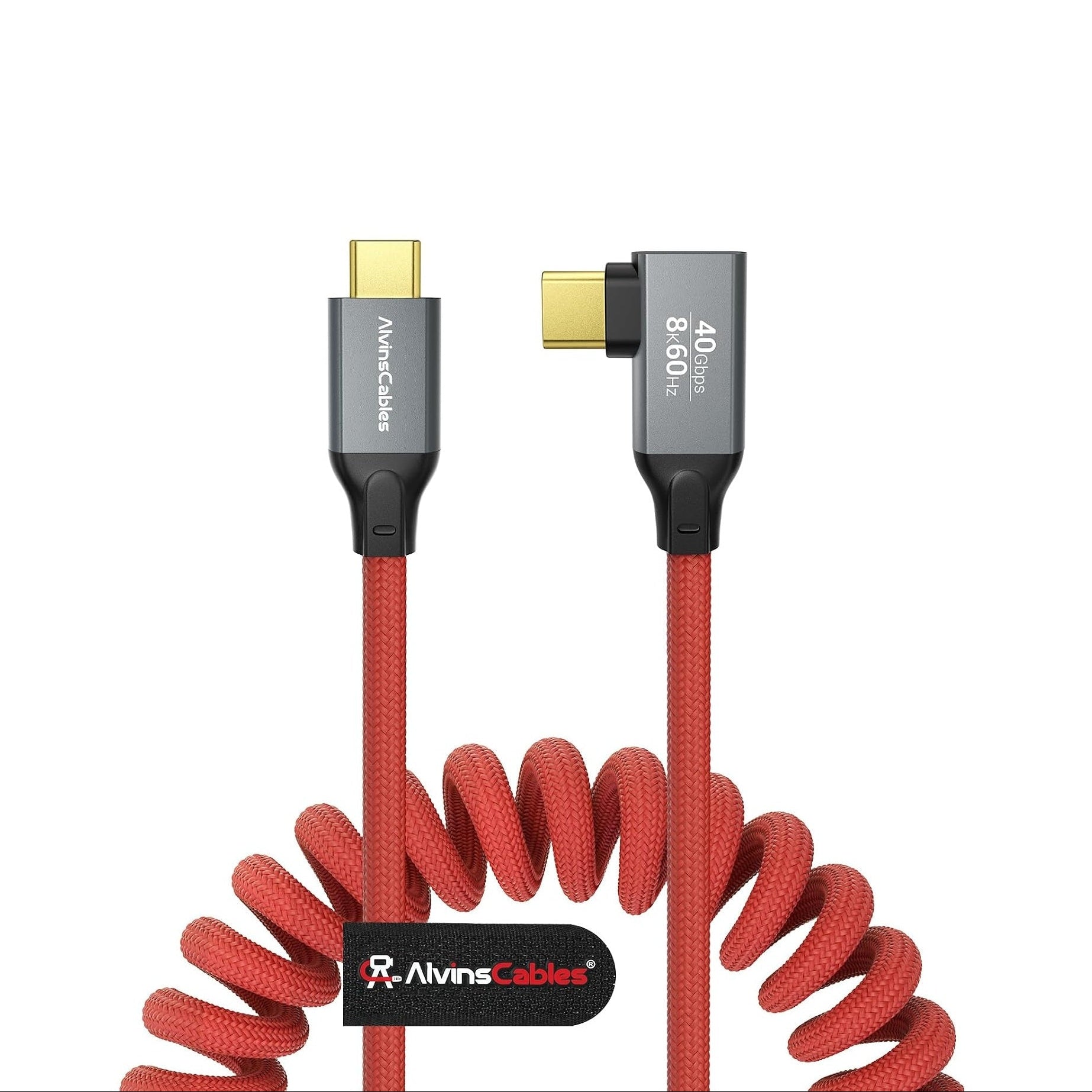 Coiled USB-C to USB-C Cable, Braided Right-Angled USB-C Cable, 40Gbps, 240W PD 3.1 Charging, 8K@60Hz Video, USB 4.0 Type C for Thunderbolt 4/3, BMPCC, Canon/Sony, Monitor, ZCAM, Mac, Dock/SSD, Red