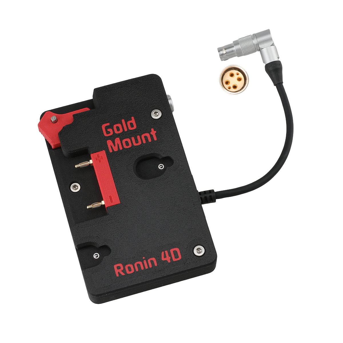 Alvin's Cables Gold Mount Battery Plate for DJI Ronin 4D, G-Mount Power Plate with D-Tap &amp; 0B 2-Pin Outputs, Straight / Rotatable Right Angle 1B 6-Pin Power Cable, Red / Black