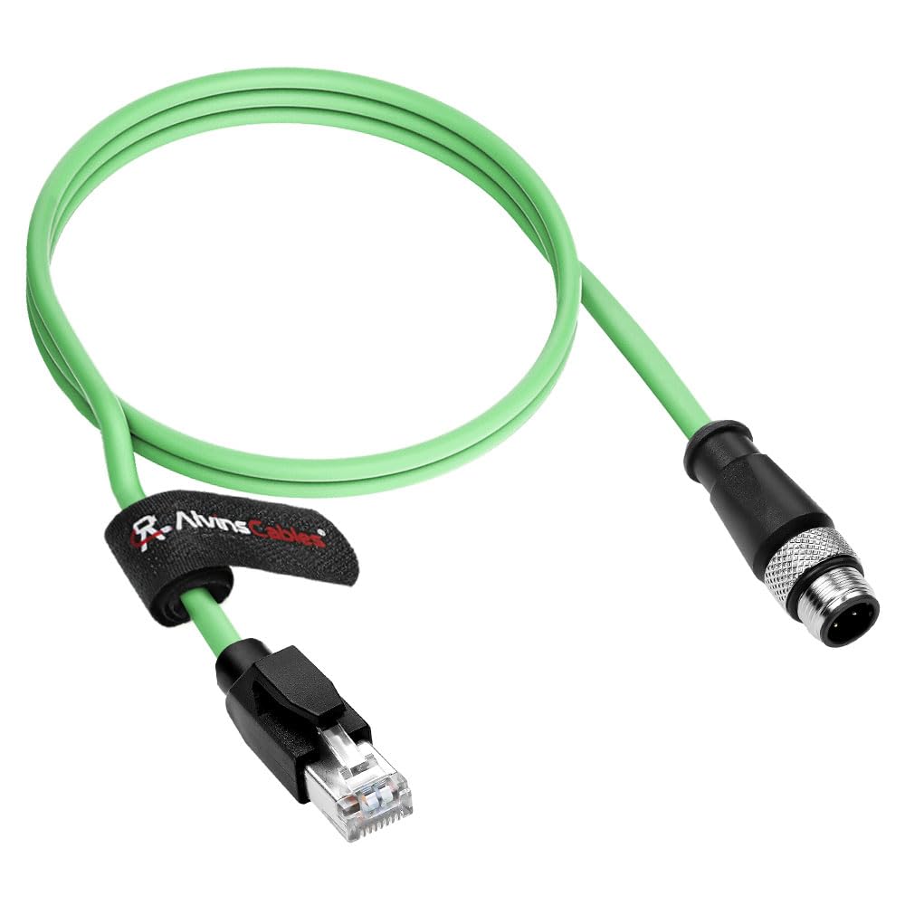 Alvin's Cables M12 D-Code 4 Pin Male to RJ45 Ethernet Cable High-Flex for Industrial Camera Sensor, Automation Application 3.3ft/1m Green