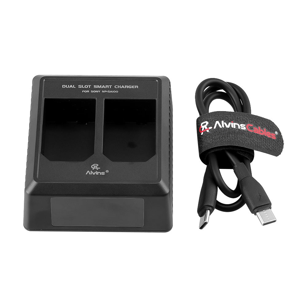 Alvin's Cables Dual Slot Charger for Sony NP-SA100 Battery with USB-C Cable