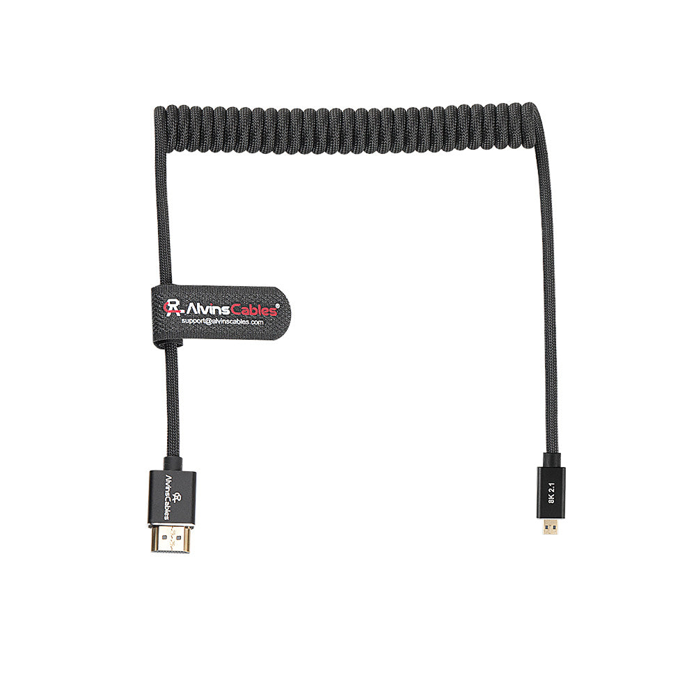 Alvin's Cables 8K 2.1 Micro-HDMI to Full HDMI Braided Cable, D to A Coiled HDMI for Atomos-Ninja-V for Canon-R5C R5 R6, for Sony A7RIII A7II A7M3 A7R IV A6500, for FUJIFILM X-T4 X-T3(18 to 28 Inch)