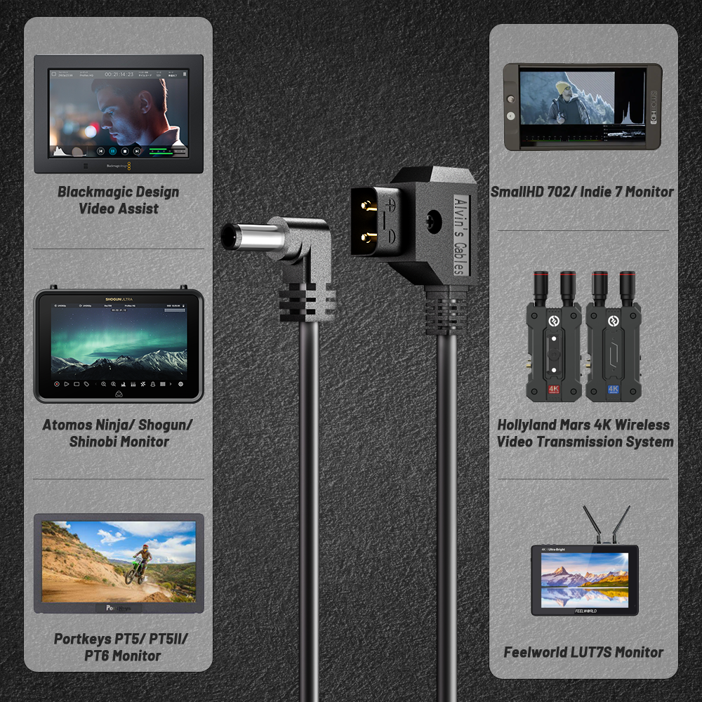 Alvin&#39;s Cables AlvinTap Protective DTap to 2.1 DC 12v Right Angle Cable for KiPRO LCD Monitors 60CM
