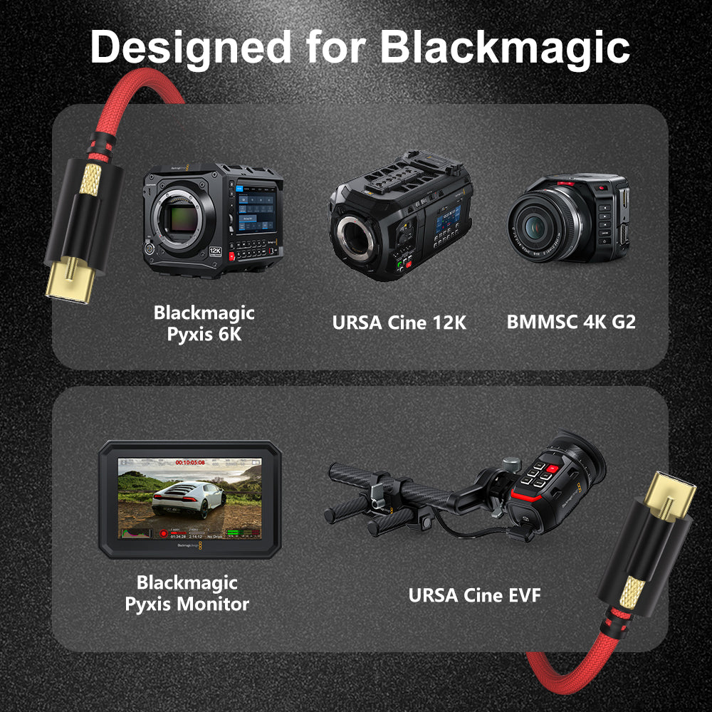 Alvin's Cables Ultra-Flexible Locking USB-C to USB-C Power Cable for Blackmagic Pyxis Monitor, URSA Cine EVF, USB-C 3.2 10Gbps Data Transfer Cable for Blackmagic Pyxis 6K or URSA Cine 12K, Red
