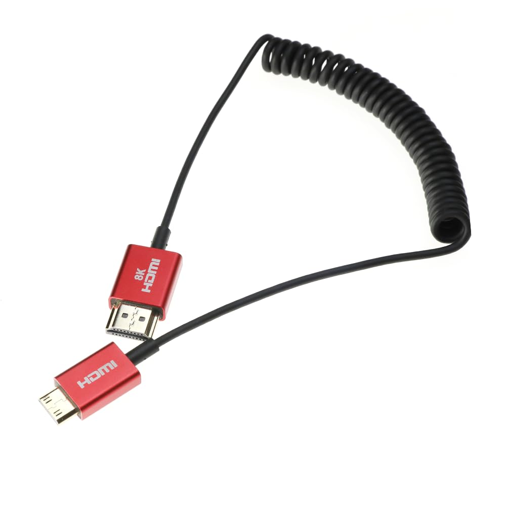 Alvin&#39;s Cables 8K High Speed Mini HDMI to HDMI Coiled Cable, Aluminum 8K@60Hz 4K@240Hz HDMI 2.1, Compatible with Camera, Camcorder, Tablet and Graphics/Video Card, Laptop, Projector