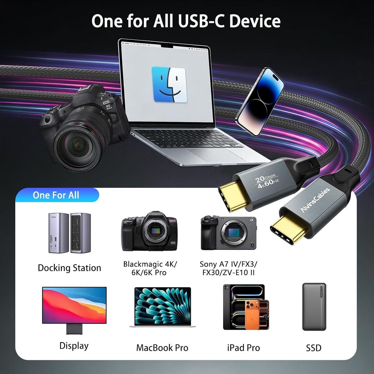 Alvin's Cables Coiled USB-C Cable, 20Gbps Data Transfer, 240W, 4K@60Hz