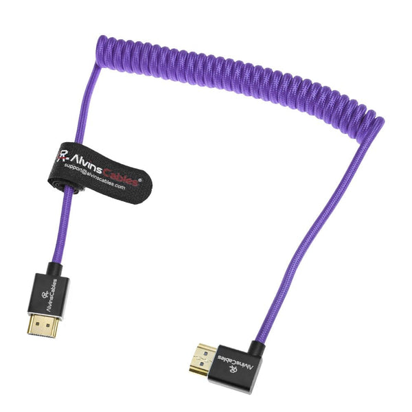 Alvin's Cables 8K HDMI 2.1 High-Speed Cable 8K@60Hz 4K@120Hz Braided Coiled Cable for Atomos Ninja,for Feelworld,for Sony FS5 FS7 FX9,BMPCC,for Canon C300 C500,Right Angle Purple