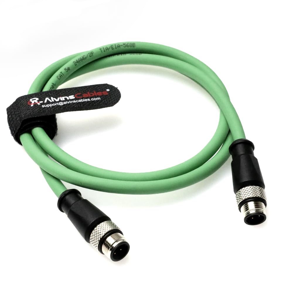 Alvin&#39;s Cables M12 D-Code 4 Pin Male to M12 D-Code 4 Pin Male Ethernet Cable for Keyence Baumer Sick Camera, High-Flex Cat6a Cable for Industrial Automation, EtherCAT/PROFINET 3.3ft/1m Green
