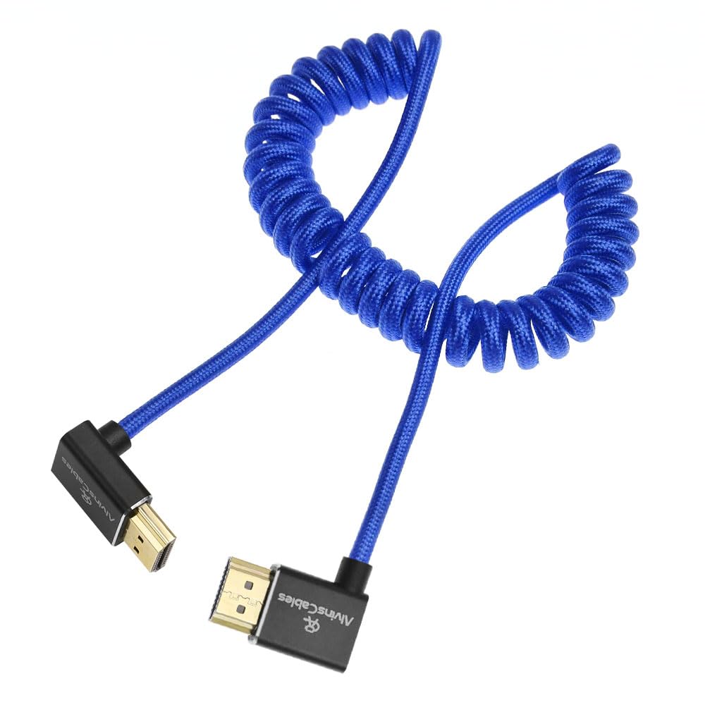 Alvin's Cables 8K HDMI 2.1 Cable 48Gbps 8K@60Hz 4K@120Hz High-Speed Braided Coiled Cable for Sony FS5 FS7 FX9,BMPCC,for Canon C300 C500,for Atomos Ninja,for Feelworld,Right to Up Angle Blue