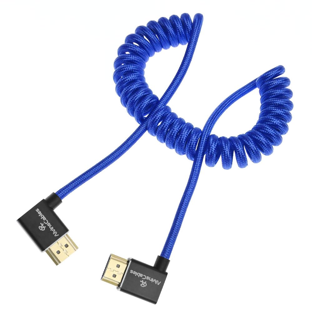 Alvin's Cables 8K HDMI 2.1 Cable 8K 60Hz 4K 120Hz High-Speed for Atomos Ninja Monitor,Left to Right Angle Braided Coiled Cable for Sony FS5 FS7 FX9,for Canon C300 C500,for Nikon Z9 Camera,Blue