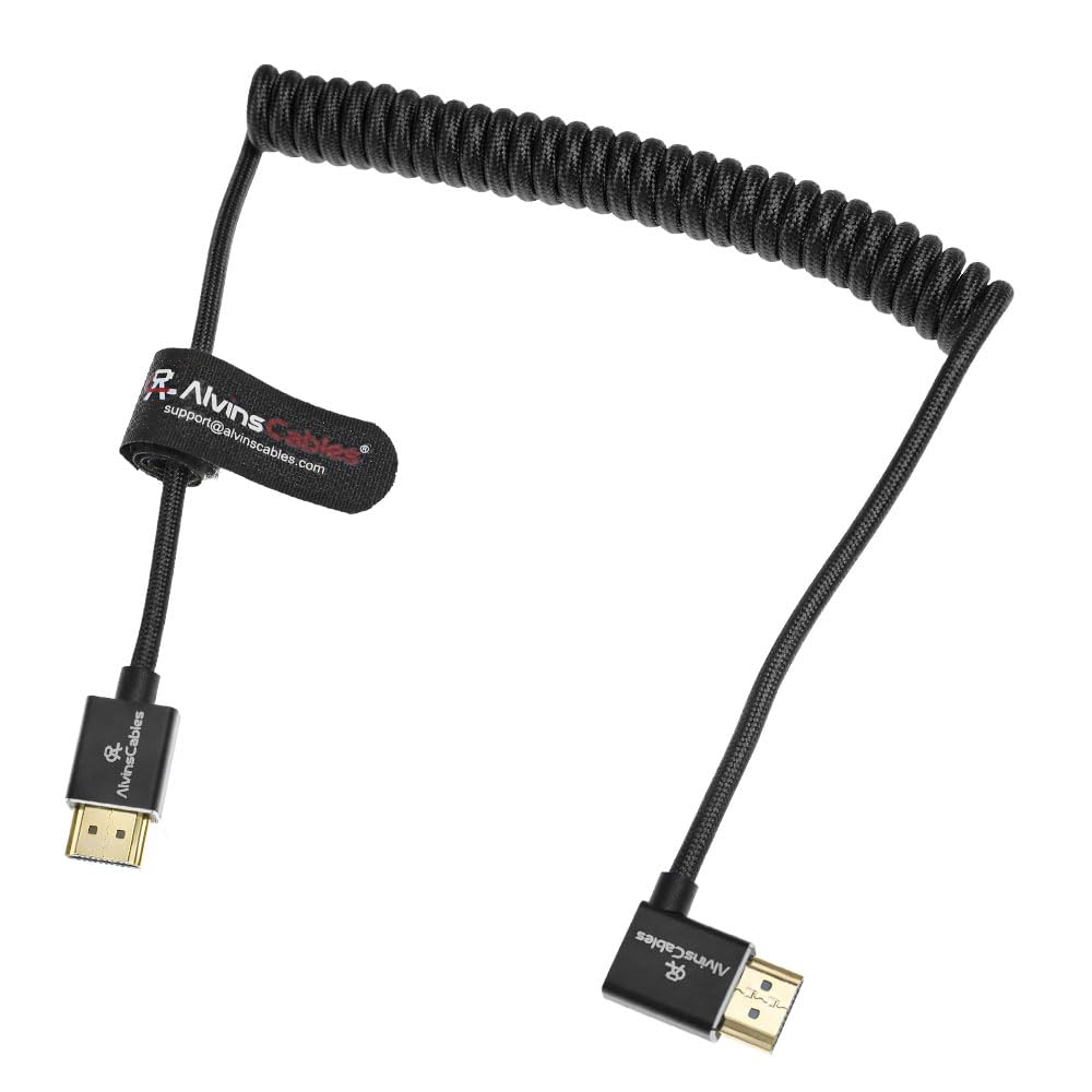 Alvin's Cables 8K HDMI 2.1 Cable for Atomos Ninja V Monitor,for Sony FS5 FS7,BMPCC,for Canon C300 C500 Camera,8K@60Hz 4K@120Hz 48Gbps High-Speed Braided Coiled Cable Left Angle Black