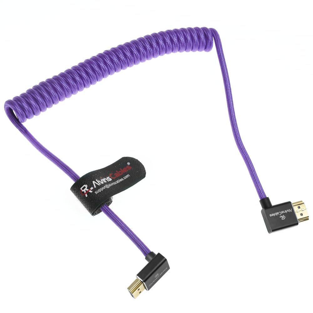 Alvin's Cables 8K HDMI 2.1 Cable 8K@60Hz 4K@120Hz High-Speed Braided Coiled Cable for Atomos Ninja,for Feelworld,for Sony FS5 FS7 FX9,BMPCC,for Canon C300 C500,Left to Up Angle Purple