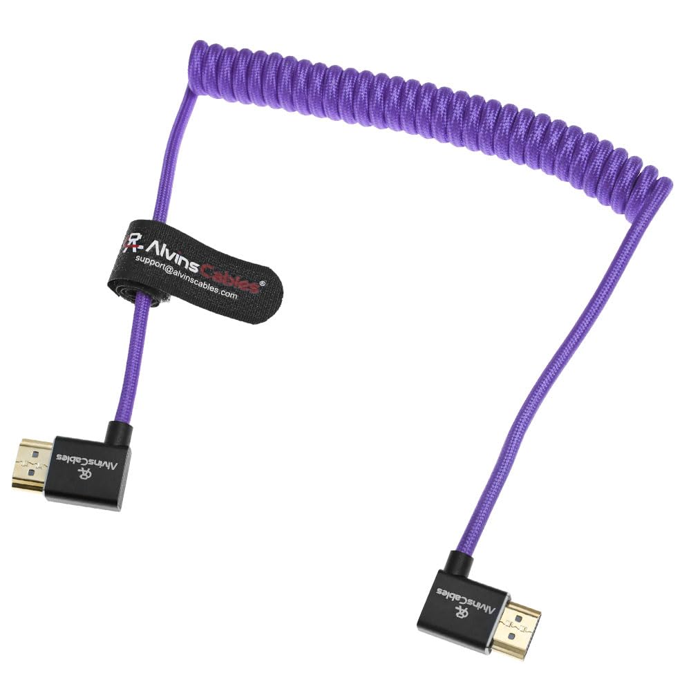 Alvin's Cables 8K HDMI 2.1 Cable 8K 60Hz 4K 120Hz High-Speed for Atomos Ninja Monitor,Left to Right Angle Braided Coiled Cable for Sony FS5 FS7 FX9,for Canon C300 C500,for Nikon Z9 Camera,Purple