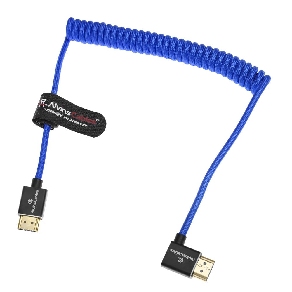 Alvin's Cables 8K HDMI 2.1 Cable for Atomos Ninja V Monitor,for Sony FS5 FS7,BMPCC,for Canon C300 C500 Camera,8K@60Hz 4K@120Hz 48Gbps High-Speed Braided Coiled Cable Left Angle Blue