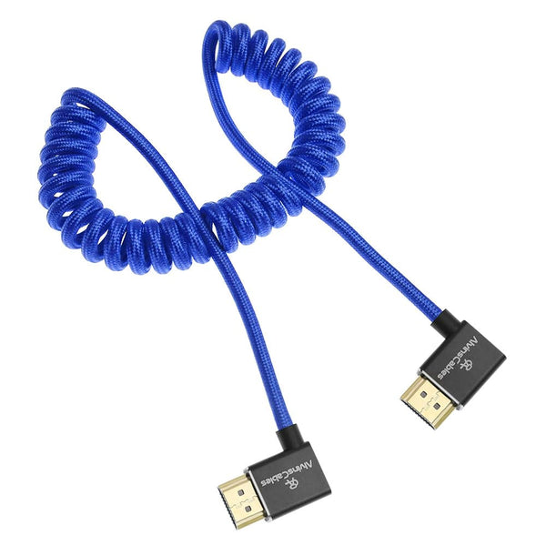 Alvin's Cables 8K HDMI Cable for Atomos Ninja,2.1 48Gbps 8K@60Hz 4K@120Hz High-Speed Braided Coiled Cable for Sony FS5 FS7 FX9,BMPCC,for Canon C300 C500,for Feelworld,Right to Right Angle Blue