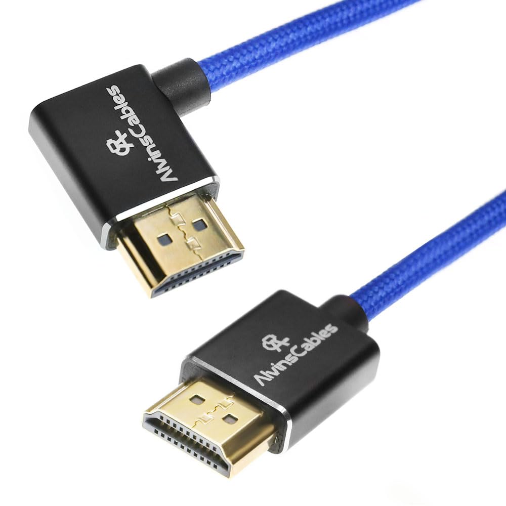 Alvin's Cables 8K HDMI 2.1 Cable for Atomos Ninja V Monitor,for Sony FS5 FS7,BMPCC,for Canon C300 C500 Camera,8K@60Hz 4K@120Hz 48Gbps High-Speed Braided Coiled Cable Left Angle Blue