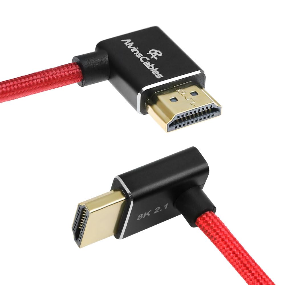 Alvin's Cables 8K HDMI 2.1 Cable 48Gbps 8K@60Hz 4K@120Hz High-Speed Braided Coiled Cable for Sony FS5 FS7 FX9,BMPCC,for Canon C300 C500,for Atomos Ninja,for Feelworld,Right to Up Angle Red