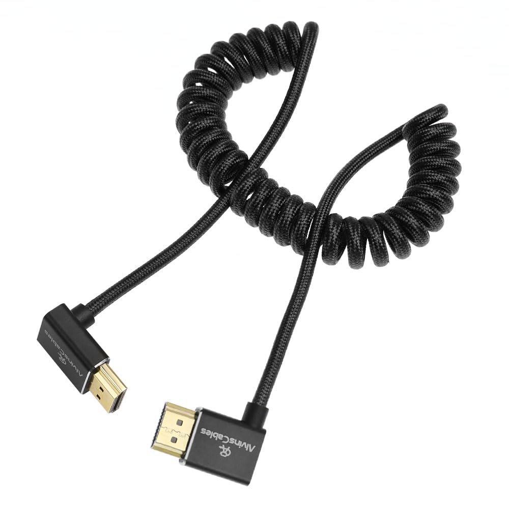 Alvin's Cables 8K HDMI 2.1 Cable 48Gbps 8K@60Hz 4K@120Hz High-Speed Braided Coiled Cable for Sony FS5 FS7 FX9,BMPCC,for Canon C300 C500,for Atomos Ninja,for Feelworld,Right to Up Angle Black