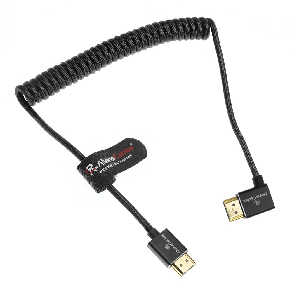Alvin&#39;s Cables 8K HDMI 2.1 High-Speed Cable 8K@60Hz 4K@120Hz Braided Coiled Cable for Atomos Ninja,for Feelworld,for Sony FS5 FS7 FX9,BMPCC,for Canon C300 C500,Right Angle Black