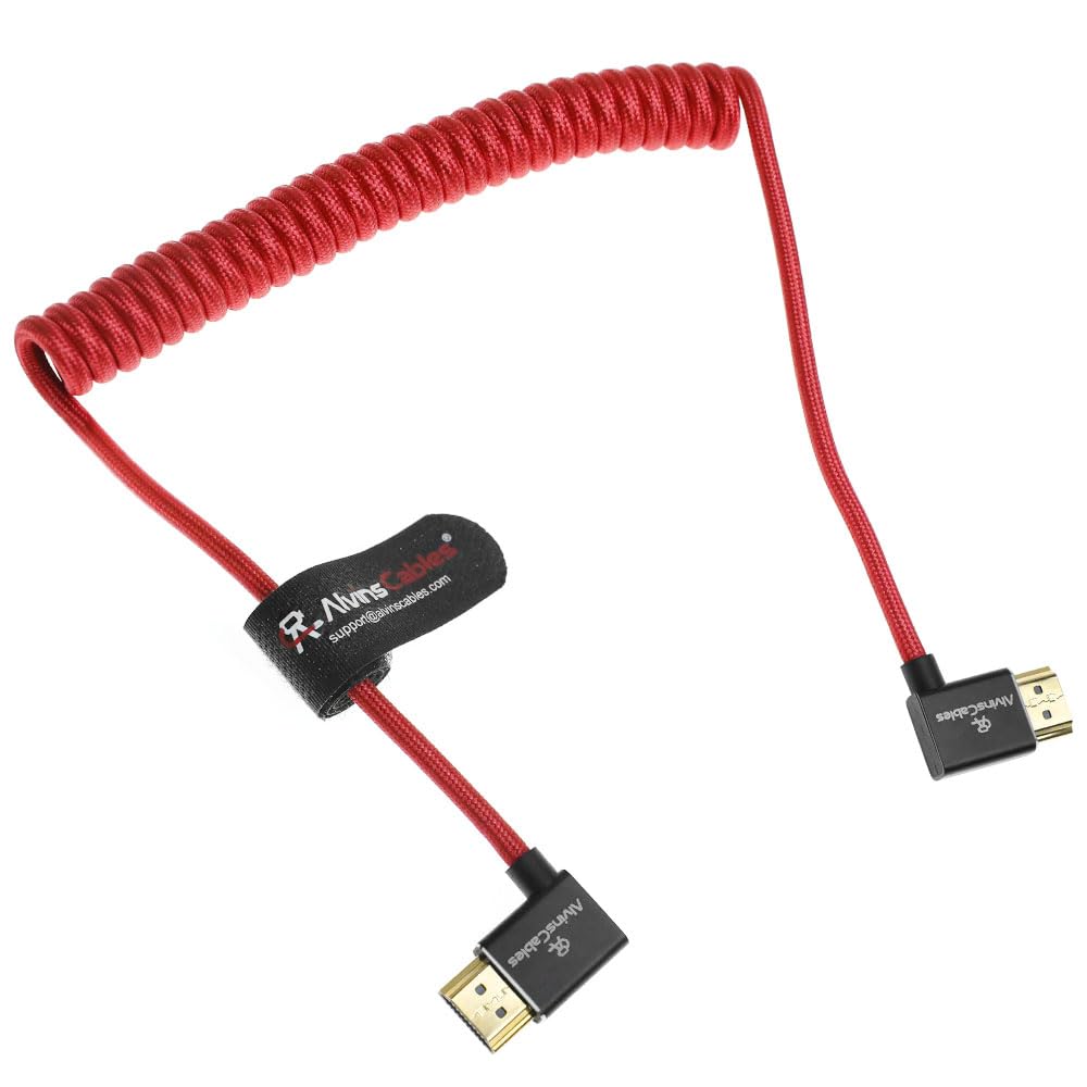 Alvin&#39;s Cables 8K HDMI 2.1 Cable 8K 60Hz 4K 120Hz High-Speed for Atomos Ninja Monitor,Left to Right Angle Braided Coiled Cable for Sony FS5 FS7 FX9,for Canon C300 C500,for Nikon Z9 Camera,Red