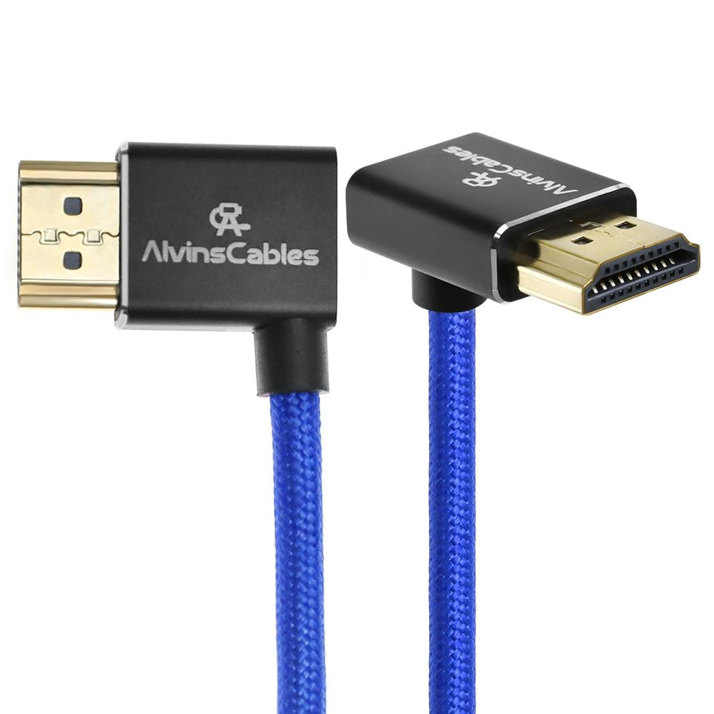 Alvin&#39;s Cables 8K HDMI 2.1 Cable 8K@60Hz 4K@120Hz High-Speed Braided Coiled Cable for Atomos Ninja,for Feelworld,for Sony FS5 FS7 FX9,BMPCC,for Canon C300 C500,Left to Up Angle Blue