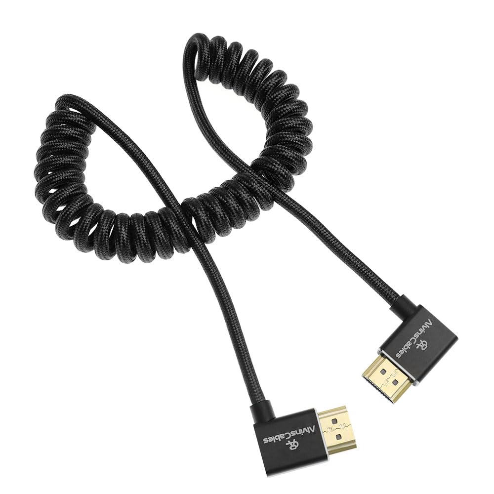 Alvin&#39;s Cables 8K HDMI 2.1 Cable 8K 60Hz 4K 120Hz High-Speed for Atomos Ninja Monitor,Left to Right Angle Braided Coiled Cable for Sony FS5 FS7 FX9,for Canon C300 C500,for Nikon Z9 Camera,Black